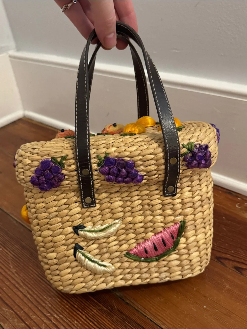 Rafe New York Vintage Straw Braided Basket Bag w/ Embroidered Fruit Square